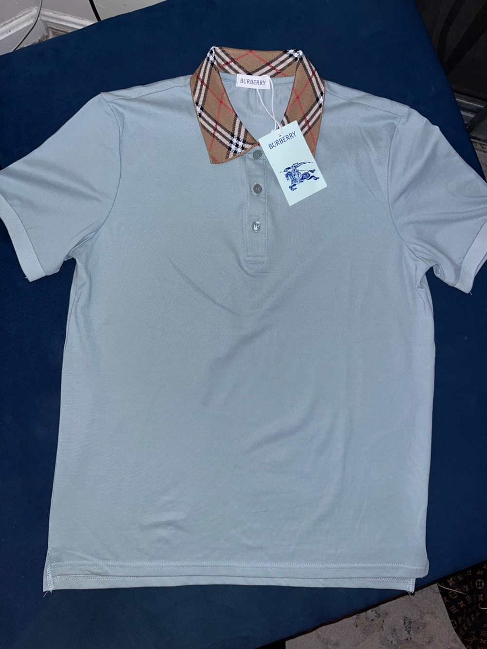 Burberry Light Gray Polo with Iconic Check Collar